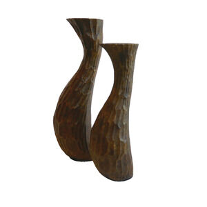 Pair Faux Wood Rustic Resin Curvy Textured Pillar Candle Holders
